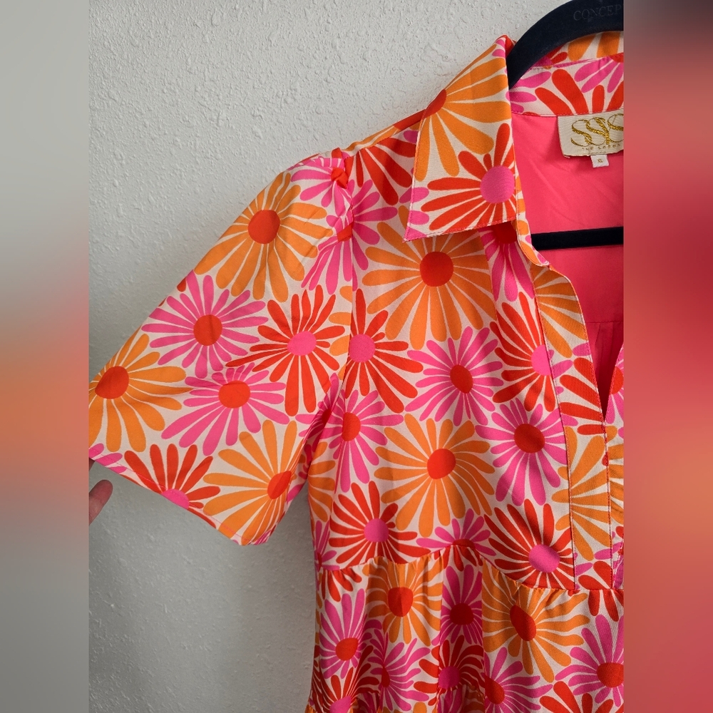 SSYS the label The Short Sleeve Emery Midi Dress in Pink Orange Daisy XL - Picture 9 of 11